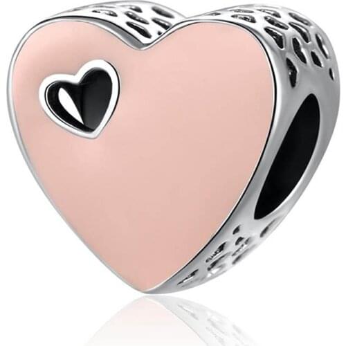 S925 Bead Pink Enamel Sweet Love Heart Charms fit Lady Bracelet Bangle DIY Jewelry