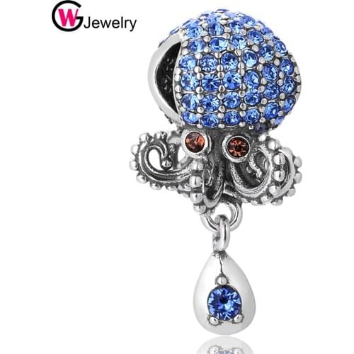 Silver 925 Jewelry Octopus Bead Micropave Setting Blue Stone Cz Charm Fit Charm Bracelets GW Brand Jewellery S339