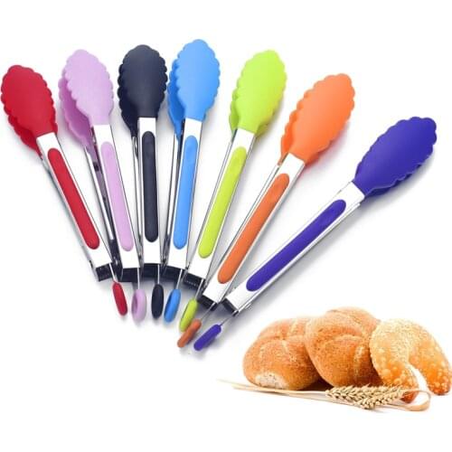 Silicone Cooking BBQ Tong Kitchen Salad Bread Clip Stainless steel Handle Serving Food Clip With Hook Home Utensil Baking Gadget