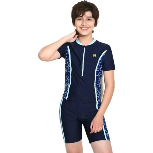 Boys Blue Printed Surfing Swimsuit Swimwear Children Sports Swim Scuba Bathing Suit Two Pieces Teen Beach Diving Suit 8-16T