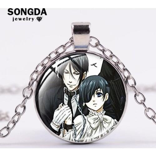 SONGDA Anime Black Butler Cartoon Print Pendant Necklace Glass Cabochon Jewelry Kuroshitsuji Ciel Phantomhive Sebastian Necklace