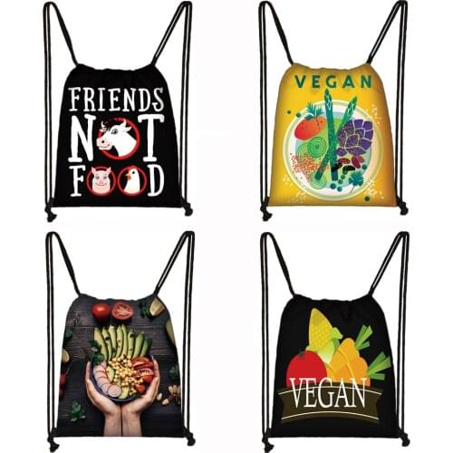 Cute Vegan Drawstring Bag Vegetarianism Women Fashion Storage Bags for Travel Teenager Girls Canvas Backpack Party Shopping Bag
