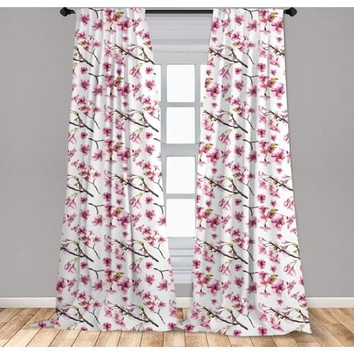 Cherry Blossom Curtains Watercolor Style Oriental with Sakura Branch Lightweight Window Treatment Living Room Bedroom Decor