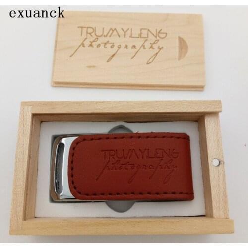 Customize Logo Business Leather USB Flash Drive 2.0 4GB 8GB 16GB 32GB Memory Stick with wooden boxes (30pcs free logo)
