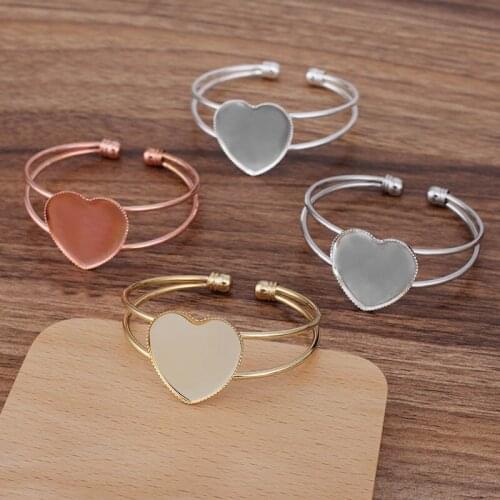 Women Bangle Settings with Inner 25mm Heart Bezel tray Glass Cabochon Bases cuff Bracelet Bangle DIY Findings Multi-color Plated