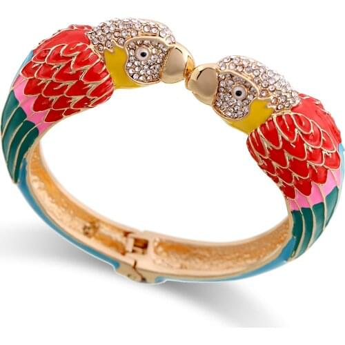 Trendy Double Macaw Heads Enamel Cuff Bracelet Statement Bangle for Women Gold Plated Animal Parrot Bracelet Pulseira 3328