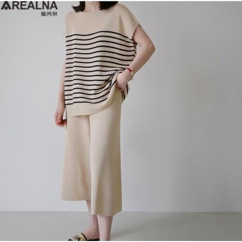 Fashion tracksuit women Ice silk Knitted striped Two piece Casual set Women Pullovers Tops and wide-leg pants Suits 2 piece set