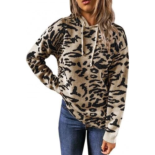Plus Size Women Sweatshirts Leopard Printed Long Sleeve Knitted Hoodie Drawstring Pullover Streetwear vetement femme толстовка
