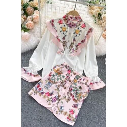 Wenfly Women Print Embroidery Button Two Piece Set Stand Collar Ruffles Flare Sleeve Shirt High Waist Mini Skirt Vintage Outfits