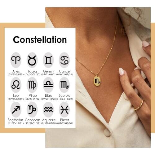 Visunion Twelve Constellations Carved Necklace 316L Stainless Steel Personality Taurus Gemini Link Chain Necklace for Women