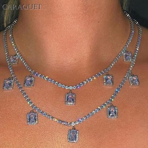 Caraquet 7 Colors Square Crystal Pendant Necklace For Women Luxury Rhinestone Tennis Chain Choker Necklace Fashion Shine Jewelry