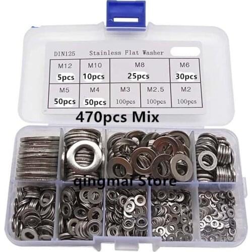 360/470pcs M2 M2.5 M3 M4 M5 M6 M8 M10 M12 M16 304 A2 Stainless Steel GB97 Flat Washer Assortment Kit Plain Gasket Set