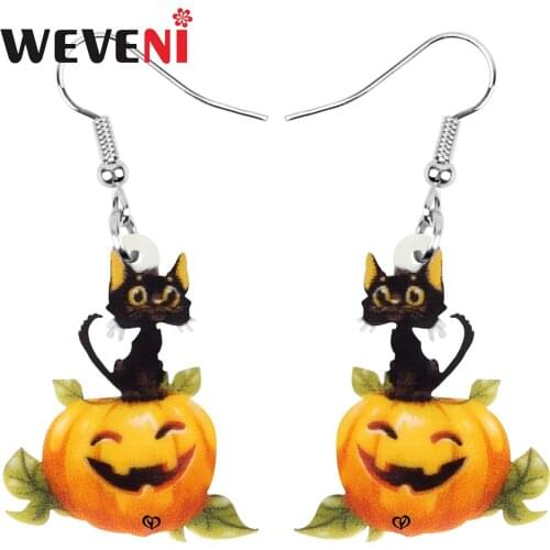 WEVENI Acrylic Halloween Pumpkin Lantern Cat Earrings Lightweight Long Animal Dangle Drop Jewelry For Women Girls Kid Charm Gift