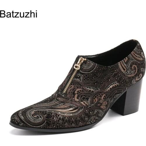 Batzuzhi Luxury Handmade Mens Boots Pointed Toe Zip Decoration Fashion Black Genuine Leather Ankle Boots Men 7.5cm High Heels