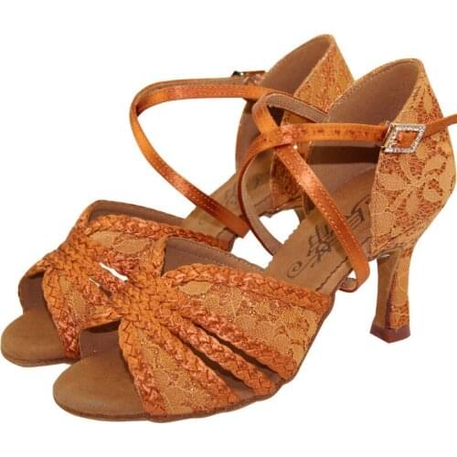 BD Women Party Dance Shoes Tan Satin Lace Soft Suede Outsole Latin Dance Shoes Woman Salsa Bachata Dance Shoes BD2391