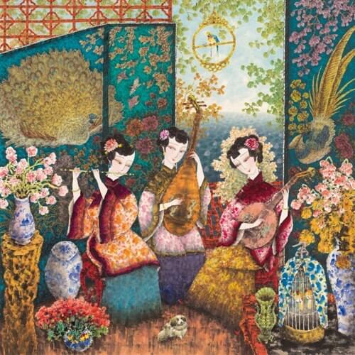 Free shipping Chinese classical music women flower dog oil painting canvas painting prints on canvas wall art decoration picture