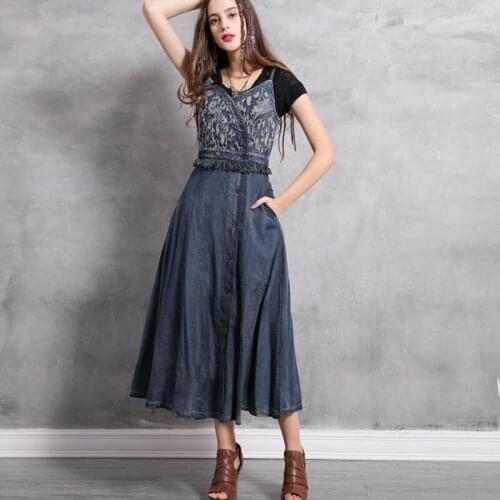 Free Shipping 2020 New Fashion Sleeveless Embroidery M-XL Dresses Spaghtti Strap Long Mid-calf Single Breasted Dresses Tassels