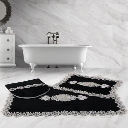 Bonny Home Lisa Rectangle Black 3 Pieces French Lacy Plush Bath Mat Non Slip Leather Based Machine Washable Rug Set