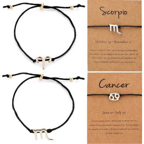 12 Constellation Black Rope Bracelets Simple Wish Card Gold Metal Adjust Bracelets For Women Wedding Gift