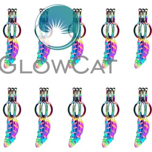 GLOWCAT 10x C542 Rainbow Color Leaves Ball Beads Cage Jewelry Making Essential Oil Diffuser Pearl Cage Locket Pendant