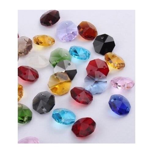 100pcs/lot 14mm mixcolors Crystal Octagon Beads 2 holes for Chandelier parts,diy beads curtain accessories wedding/ home decor