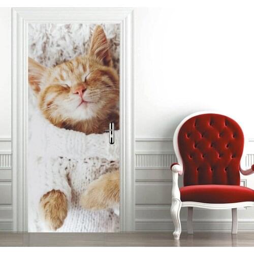 Cute Orange Cat Picture Home Decoration Door Sticker Sweater Warm Bedroom Living Room Door Decals Self-Adhesive Two Pieces Set