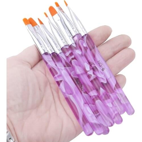 7pcs/set Flat UV Gel Acrylic Nail Brush Set Nail Art Painting Purple Pen Design Builder Salon Tip DIY Nail Tools