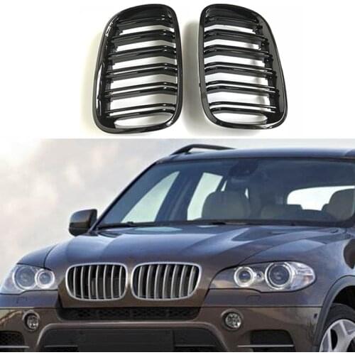 A Pair Left And Right E70 / E71 Gloss Black Double Slat Kidney Grille Front Bumper Grill For BMW X5 X6 2007-2013