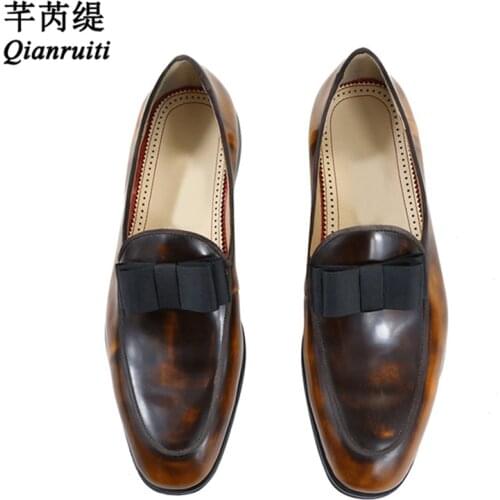 Qianruiti Patchwork Leather Mens Party Wedding Shoes Slip On Zapatillas Hombre Casual Bowknot Loafers Men Flat Shoes Plus Size