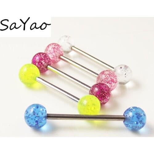 SaYao 5 Pieces 1.6mm 14G Mixed Color Glitter Acylic Ball Stainless Steel Tongue Rings Barbell Body Piercing Jewelry