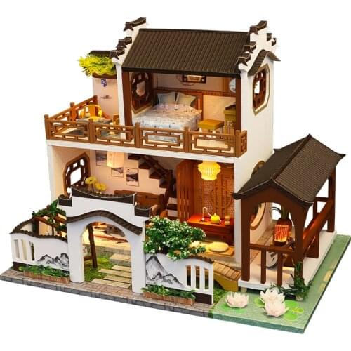 DIY Romantic Chinese Retro Courtyard Wooden Dollhouse Miniature With Furniture Doll Houses Assemble Toys Children Christmas Gift