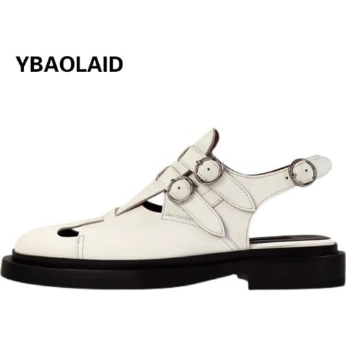 Cowhide Hollow Heel Small Leather Shoes 2021 Autumn New Solid Color Round Toe Waterproof Platform Braided Foot Sling Heel Shoes