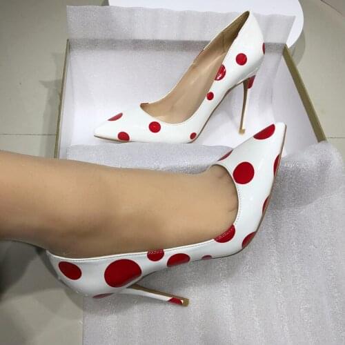 High-heeled Women Shoes Red White Polka Dot Pointed Toe Shallow Genuine Leather Single Shoes Fashion Thin Heels Pumps Shoes Lady
