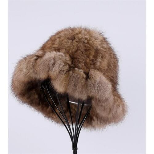 Highend Womens Winter Knitted 100% Real Sable Fur hat Fur Top Bucket Cap Female Warm Thick