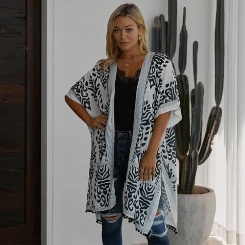 European and American womens summer beach print sunscreen clothing cardigan wool ball fringed mid-length loose womens jacket