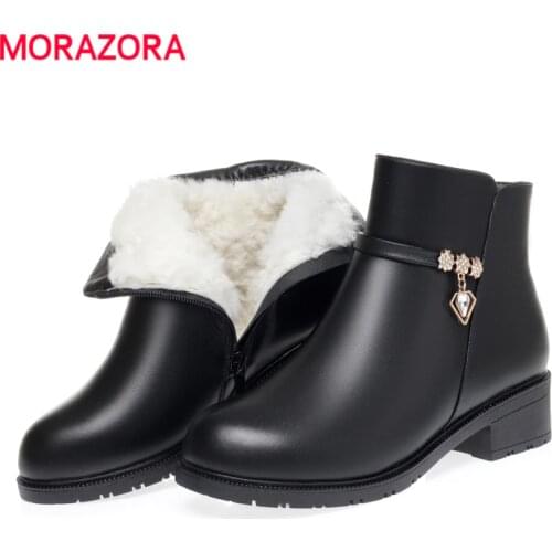 MORAZORA Size 35-43 Genuine Leather Warm Wool Winter Boots Zipper Square Heel Ankle Boots Fashion Thick Fur Snow Boots Female