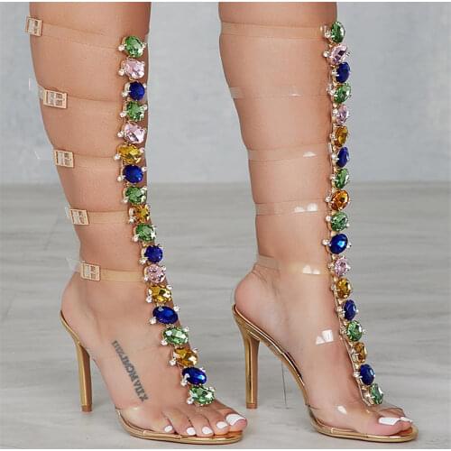 ASHIOFU New Handmade Hotsale Womens High Heel Sandals PVC Leather Crystals Sexy Club Shoes Evening Fashion Stiletto Sandals