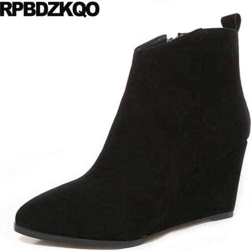 High Heel Suede Pointed Toe Black Booties Side Zip Boots Genuine Leather Shoes Short Autumn Fall 2017 Wedge Women Size 41