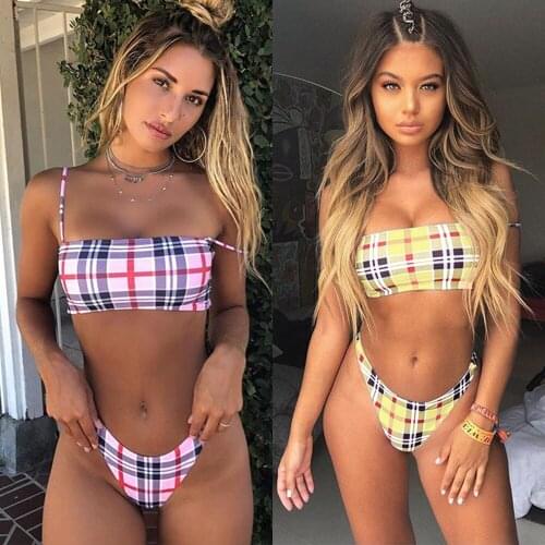 Women New Plaid Swimsuit Patchwork Bathing Suit Off Shoulder Bikini Set Tube Top Swim Wear Brazilian Sexy Beachwear Monokini