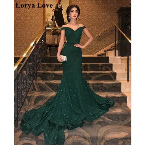 Green Elegant Formal Party Night Evening Dresses 2020 Off Shoulder Sequin Satin Robe De Soiree Prom Gowns Women Sexy Long Gowns