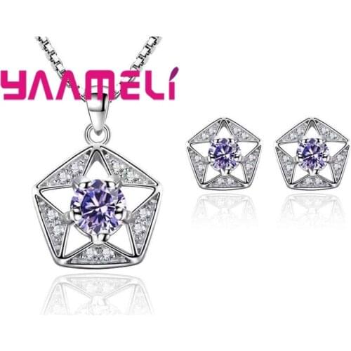Luxury Geometric Ornament Women Fashion Pendant Necklace Earrings 925 Sterling Silver Cubic Zirconia Jewelry Sets