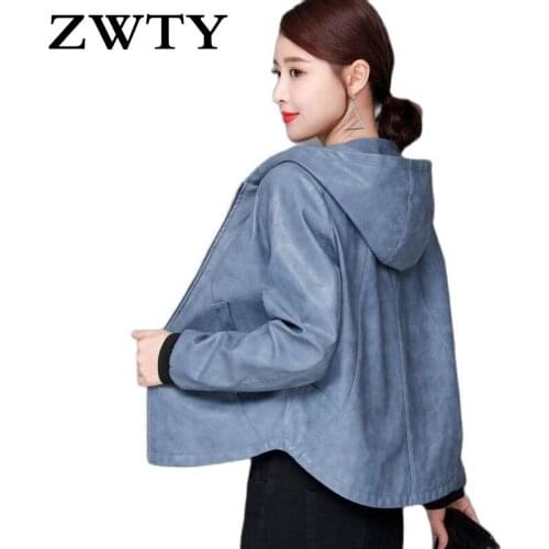 ZWTY Leather Jacket Women Zippers Spring Autumn Womens PU Leather Jacket Hooded Collar Red Motor Biker Coat Female Oversized
