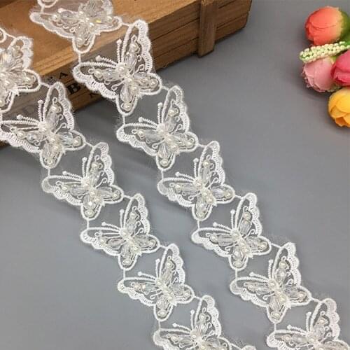 1 yd French Fabric Butterfly Lace for Wedding Dress Embroidered Pearl Beaded Lace Trim Ribbon Handmade DIY Garment Sewing Craft