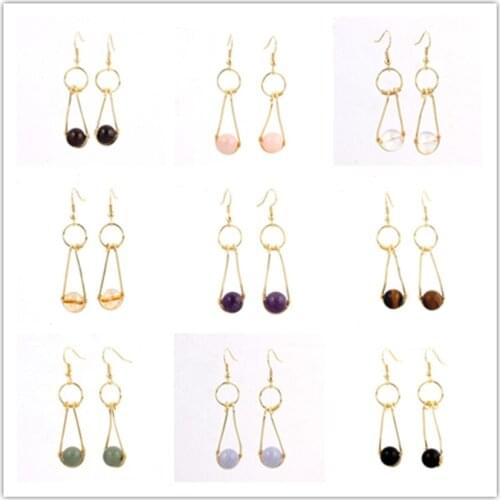 100-Unique 1 Pair Light Yellow Gold Color Round Beads Tiger Eye Stone Earrings Rose Pink Quartz Jewelry