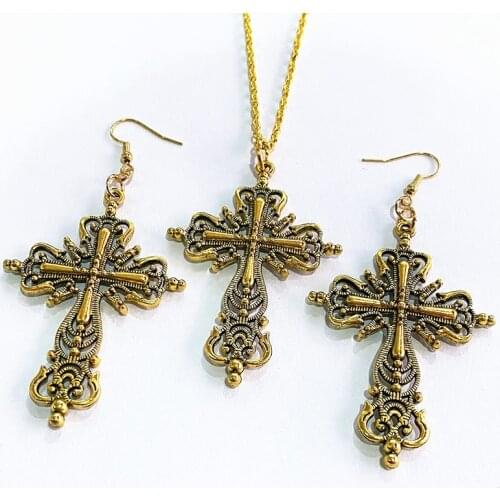 3pcs/set Large Victorian Cross Necklace Earring Chain God gold Religious Gothic Jesus Faith Charm Jewelry Components