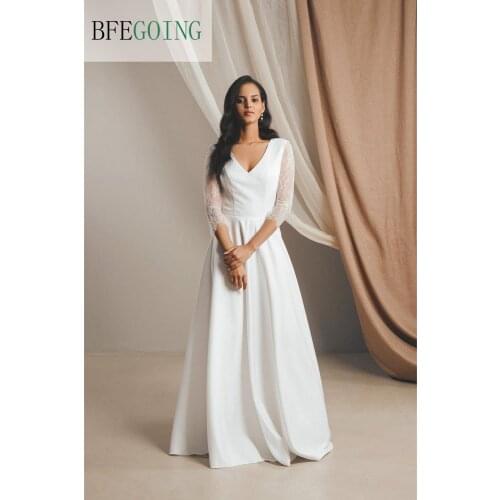 Ivory Satin Lace 3/4 Sleeves Floor-Length V-Neck A-Line Wedding Dresses Custom Made Bridal Gowns