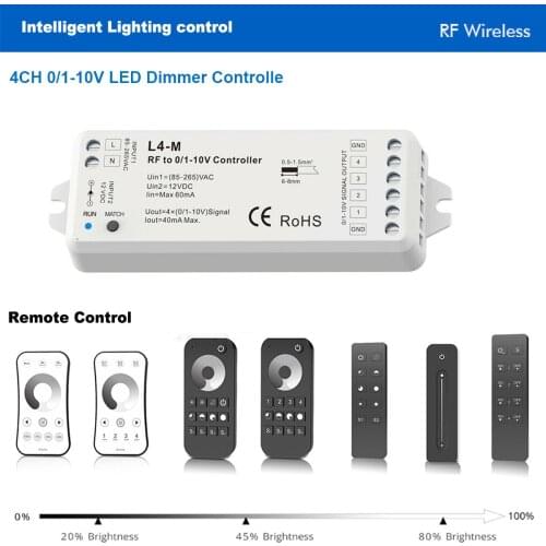 AC 85V-220V Or DC12V L4-M 4CH 0-10V 1-10V LED Wireless Dimming Controller + 2.4G RF Touch Dimming Remote For Single Color LED