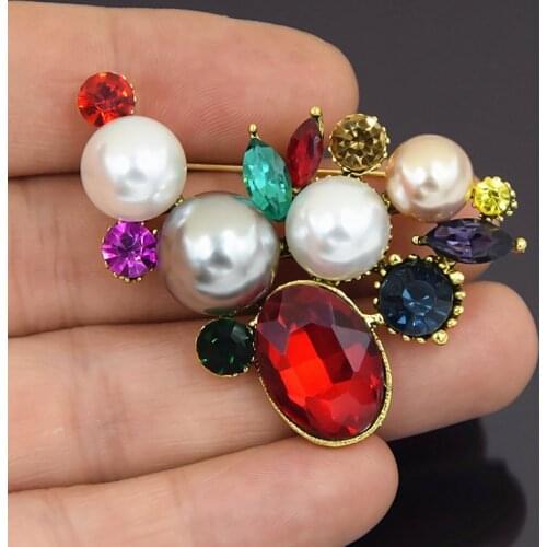 Antique Gold Color Alloy Multi-Color Crystals Pearl Coral Flower Brooch Clothes Jewelry Pin Women Scarf Broaches