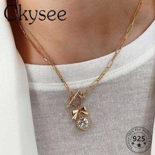 Ckysee Design 925 Sterling Silver Necklace Golden Bowknot Pendant Necklace For Fashion Women Girlfriend Silver Jewelry Gift