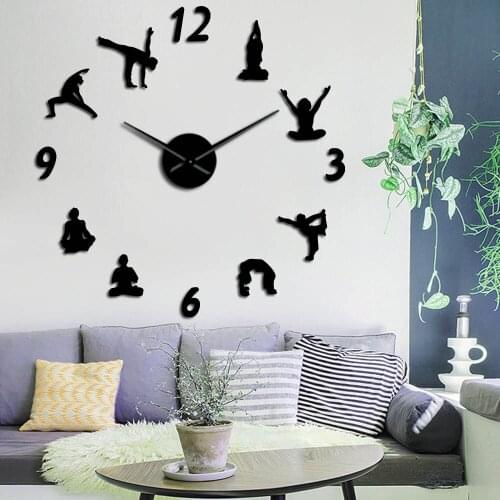 Yoga Time Mirror Effect Sticker Large Number DIY 3D Wall Clock Sport Frameless Giant Wall Clock Fitness Modern Watch Home Decor